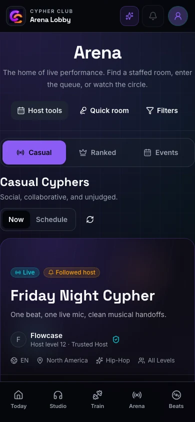 Cypher Club Arena lobby showing a live Friday Night Cypher and performer entry options