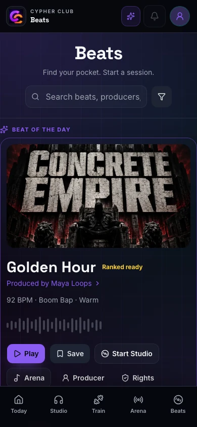 Curated Beats library showing producer attribution, BPM, rights, preview, save, Studio, Arena, and producer actions