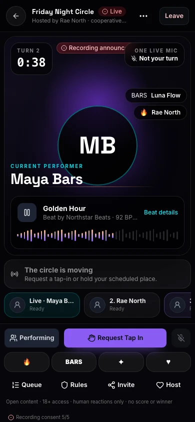 Live Casual Cypher room with Maya Bars performing, one live microphone, beat attribution, queue, and Tap In controls