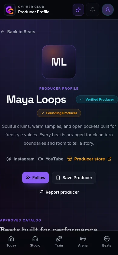 Maya Loops producer profile with verified status, ownership-preserving store link, approved catalog, and aggregate freestyle impact