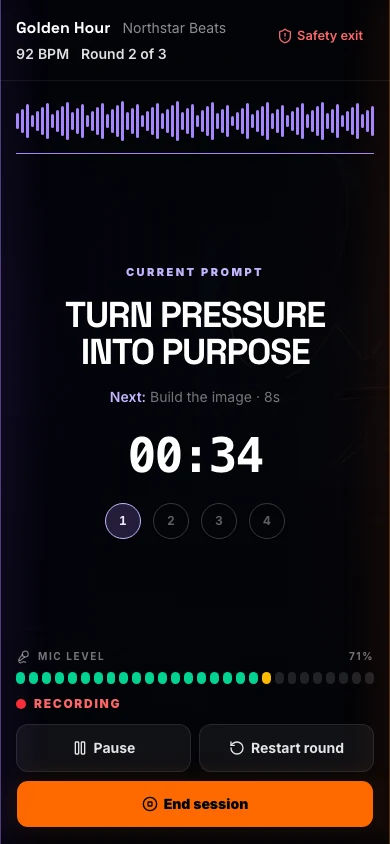 Active Personal Studio session showing the current prompt, 34-second timer, waveform, microphone level, and recording controls