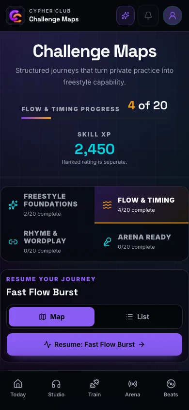 Challenge Map progress screen showing Skill XP separately from Ranked rating